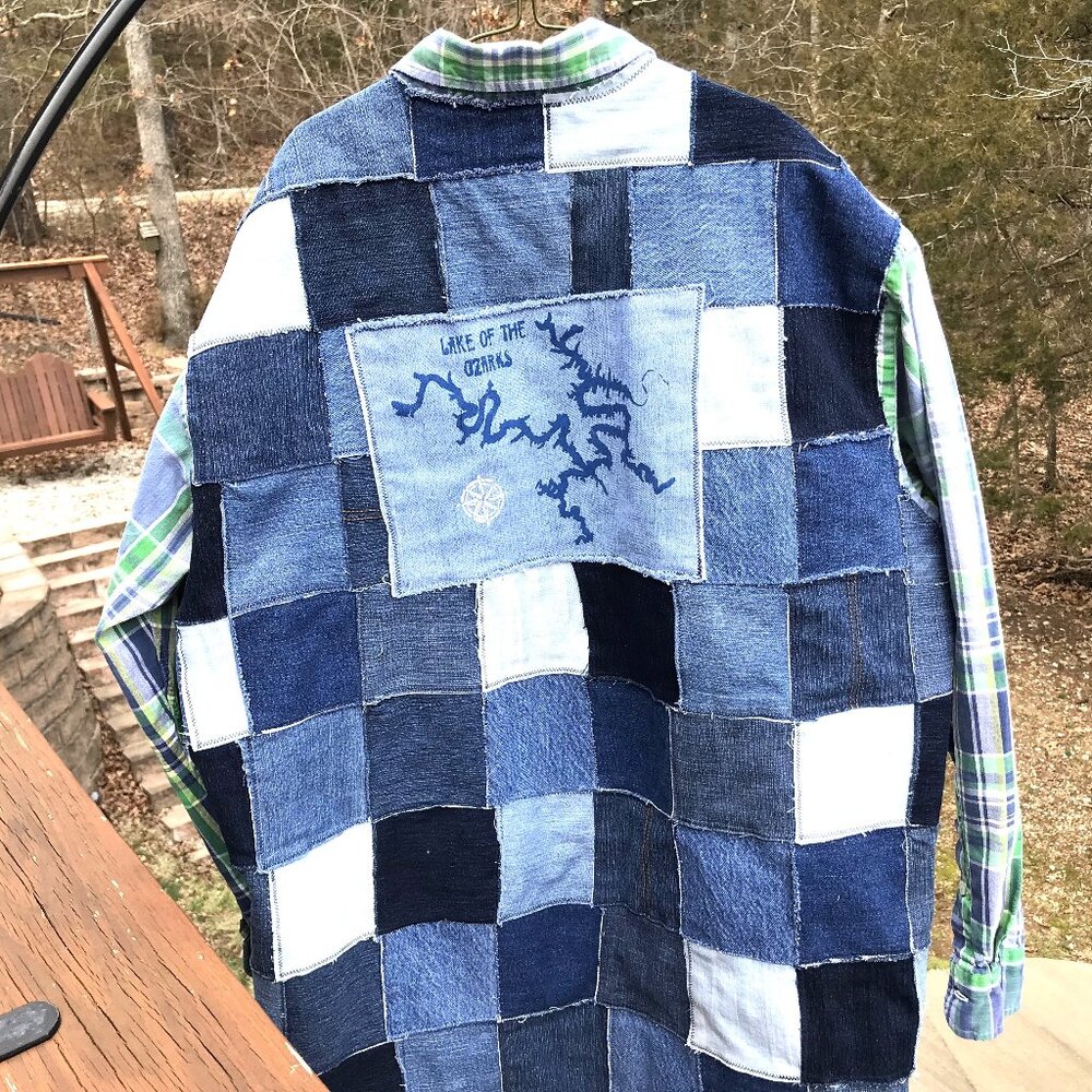 Upcycled Patchwork Jean Jacket, Lake of the Ozarks Denim Patch Shirt, Men's XL